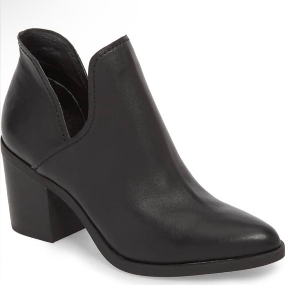 Steve Madden Petra Open Side Bootie Slip On Chunky Almond Toe Black Leather 8.5 - Picture 1 of 9